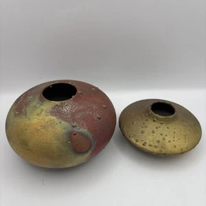 Jarrones de cerámica de estudio esmaltados Norman Bacon Raku de colección ~ Juego de 2 firmados - Imagen 1 de 13