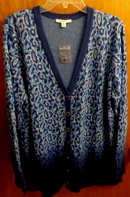 Nuevo Cárdigan Issac Mizrahi Live Azul Marino y Azul Animal Leopardo Mujer XL 50" pecho Foto 1 de 4