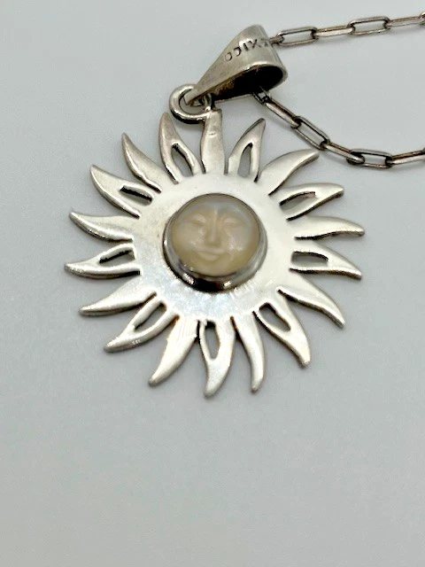 Colgante Sol Taxco México TF-89 Plata de Ley Cara Tallada Piedra Lunar Cadena 24" Foto 1 de 4