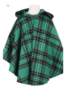 O'Neil Of Dublin Plaid Hooded Poncho Cape Kids L Wool Blend Green Lavery New! - Picture 1 of 8