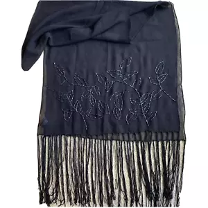 Jones New York sheer black silky crepe & beaded wrap scarf dressy fringed ends - Picture 1 of 8