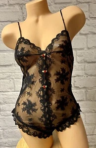 NWOT Vintage OLGA 1156 Sheer Black Lace Hi Cut Teddy Romper Lingerie! S - Imagen 1 de 5