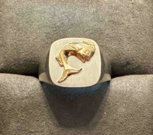 New 14K Yellow Gold Mahi On New Sterling Silver Signet Ring Size 10.5 - Picture 1 of 5
