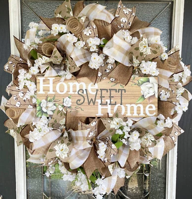 Home Sweet Home Magnolia & Cotton Deco Mesh Front Door Wreath Fall Spring Summer - Image 1 of 4