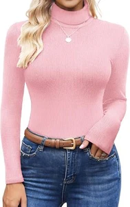 Women's Turtleneck Ribbed Pullover Sweater Long Sleeves Midweight Thermal Blouse - Picture 1 of 7