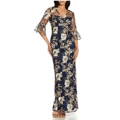 Adrianna Papell Floral Embroidered V-Neck 3/4 Elbow Bell Sleeve Gown Navy SIZE 2 - Image 1 of 4