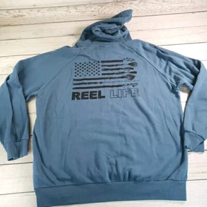 Reel Life Mens Drawstring Pullover Hoodie Sweater XXL Blue Fishing Flag Fishing - Picture 1 of 7