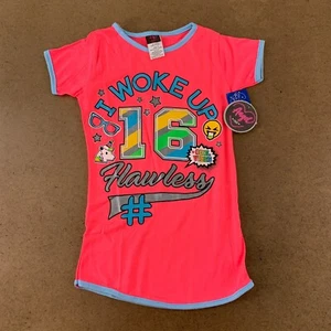 Angel Face Girls Size 4 Neon Pink I Woke Up Flawless Graphic Night Shirt NWT - Picture 1 of 6