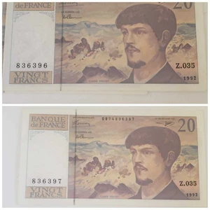 FRANCE Banknote 20 Francs aUNC x 2 Consecutive S.N. 1992 P151 - Picture 1 of 5