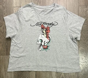 Ed Hardy T-shirt donna 3X crop top grigio teschio farfalla grafica Y2K - Foto 1 di 6