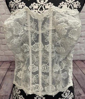 VTG Y2K Donna Loren White Floral Embroidered Lace Front/Satin Back Bustier 44DD - Image 1 of 4