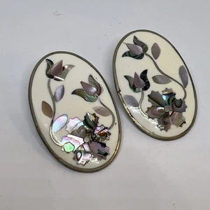 Vintage Alpaka Mexiko durchbohrt 2" große Ohrringe Mopp Inlay Blume - Bild 1 von 9