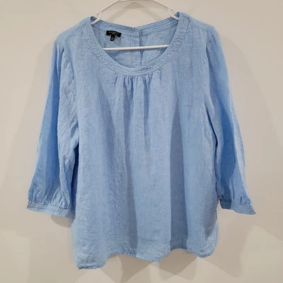 Talbots 女式亚麻上衣 XL 码娇小蓝色沿海欧洲暑假 — 第 1/4 张图片