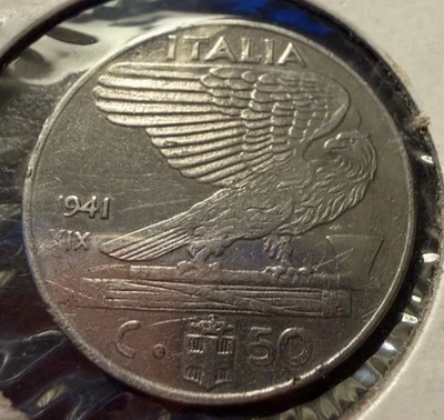 1941 50 Centesimi Segunda Guerra Mundial Reino de Italia Era Fascista Vittorio Emanuele III Águila Foto 1 de 2