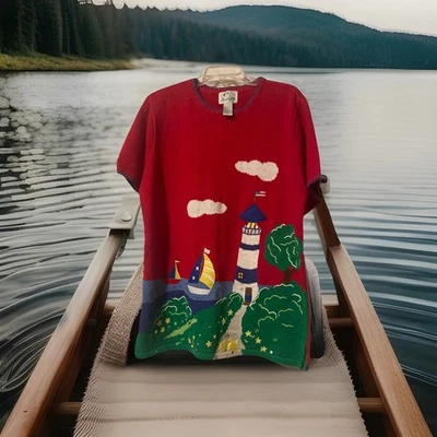 Vintage Quacker Factory Lighthouse Nautical Sweater Large Cotton Applique. Cute! - Image 1 of 4