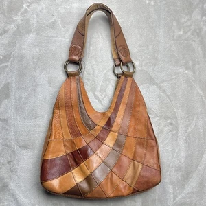 Lucky Brand Brown Patchwork Hobo Leather Tote Shoulder Bag Boho Hippie Retro - Picture 1 of 19