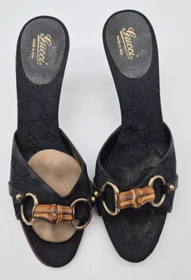 Gucci Black Leather Slide Sandal Size 9B Wood Heels Bamboo Horsebit Need Repair - Image 1 of 4