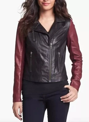 Size Medium Halogen Womens Burgundy Black Colorblock Moto Leather Jacket Biker - Image 1 of 4
