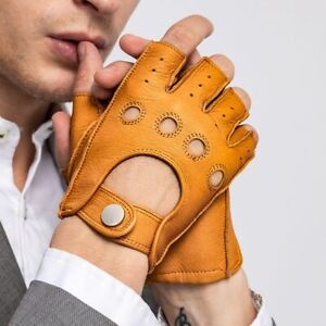 Half Finger Leather Glove - Unlined Fingerless Driving Gloves Gym Fitness Mitten