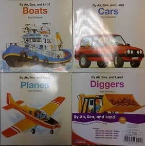 By Air, Sea, and Land - Diggers, Boats, Planes, Cars (Set of 4 Books) Paperback - Picture 1 of 1