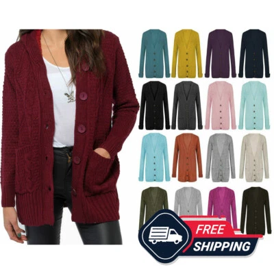 Womens 5 Button Grandad Cardigan Ladies Chunky Cable Knit Long Sleeves UK 8-22 - Image 1 of 4