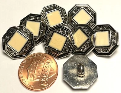 8 NOS Vtg Antique Silver Tone Plastic Cream Enamel Shank Buttons 16mm 5/8" 12646 - Image 1 of 3