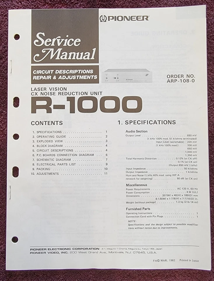 Pioneer R-1000 Laser Vision CX Noise Reduction Unit OEM Service Manual - Image 1 of 1