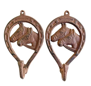 Two Horse Wall Hooks Cast Iron Horseshoe Coat Tack Cast Iron Rustic Western - Picture 1 of 3