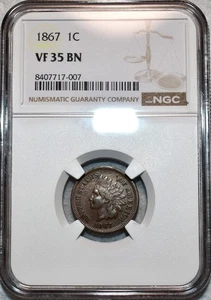 NGC VF-35 BN 1867 testa di indiano centesimo, fortemente dettagliato, esemplare Borderline XF. - Foto 1 di 2