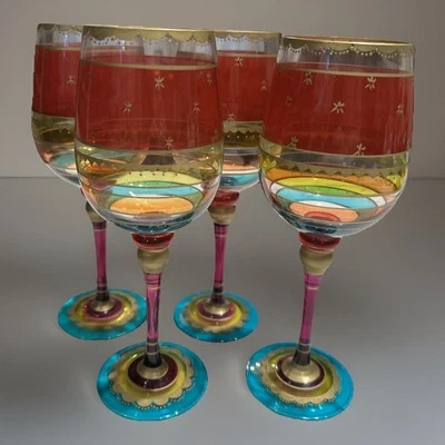 Set 4 Colorful Festive Stripe Rainbow BOHO Pier 1 Wine Glasses 14oz VG Condition - Image 1 of 4