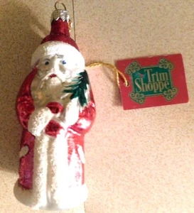 Trim Shoppe HAND BLOWN GLASS SANTA ORNAMENT, GLITTER TRIM 5" POLAND - Picture 1 of 3
