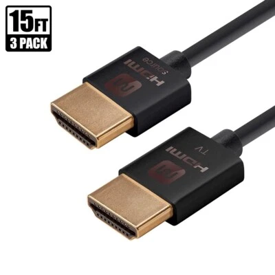 3 Pcs 15FT Ultra Slim HDMI Cable HDTV 4K 60Hz 1080p 3D 18Gbps DVD PS4 XBOX Black - Image 1 of 4