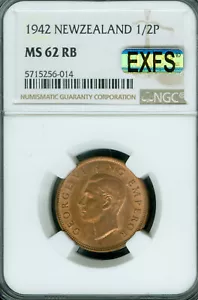 1942 NEW ZEALAND HALF PENNY NGC MS62 RB MAC EXFS OR EXCETIONAL 1ST STRIKE . - Picture 1 of 2