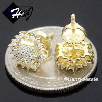 MEN 925 STERLING SILVER ICY MOISSANITE 3D GOLD PLATED HEXAGON STUD EARRING*ME259 - Image 1 of 3