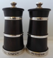 Solid Hallmarked Silver & Blackwood Cruet Set Salt and Pepper Grinders Mills