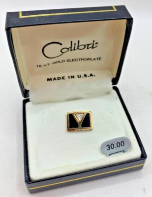 Colibri Tie Tack 18kt Gold Electroplate with Black Accents & Crystal Gemstone - Image 1 of 4