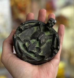Antique Solid Cast Brass Bronze Skeleton Ashtray Trinket Tray Paperweight - Picture 1 of 10
