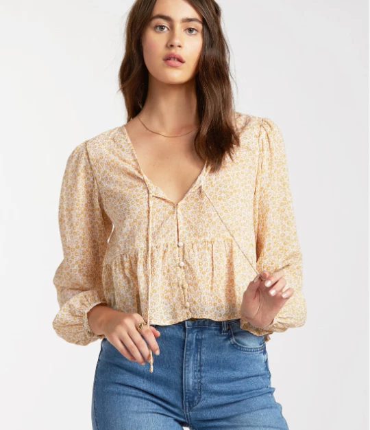 Billabong Cropped Peasant Blouse Adult Small Peplum Floral Print Womens