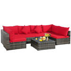 Patiojoy Patio 7pcs Rattan Furniture Set Sectional Sofa Garden Red Cushion
