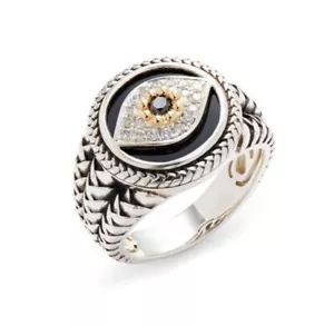 Anillo de lujo para hombre 935 plata 0,42 quilates ónix y zafiro mal de ojo diseño cara redonda - Imagen 1 de 8