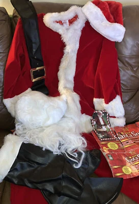 Christmas SANTA Suit Deluxe Velvet Rubies Costume One Size 7 Pcs Boots Wig Beard - Image 1 of 4