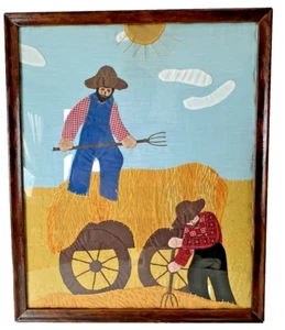 VINTAGE HAND APPLIQUED EMBROIDERED FRAMED PRIMITIVE FOLK ART FARM SCENE SIGNED - Picture 1 of 16