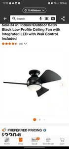 NEW Kichler 330150 Sola 34" 3 Blade LED Indoor / Outdoor Ceiling Fan - Black - Picture 1 of 3