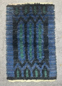 Alfombra Rya sueca vintage años 60 - patrón modernista geométrico azul - Imagen 1 de 9