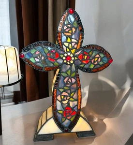 Dale Tiffany Real Stained Glass Cross Table Light Lamp Flowers Roses 12.5" Tall - Picture 1 of 10