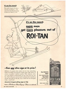 PRINT AD, 1958 Roi-Tan On The Record Più uomini Get More Pleasure Ski Lift anni 50 - Foto 1 di 1