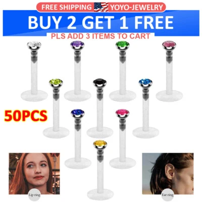 50 peças de brinco labial acrílico transparente push in Labret Monroe Stud colorido CZ 16G - Imagem 1 de 4