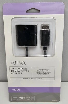 ATIVA  #196-997  DisplayPort  to VGA Pigtail Adapter - New - Image 1 of 4