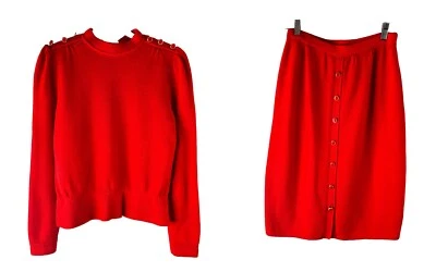 Suéter Falda Traje Pequeño Vintage Años 80 St. John Marie Gris Santana Tejido Lana Rojo Foto 1 de 4