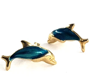 10K Yellow Gold Stud Earrings Tiny Dolphin Ladys Girls Fish Whale Flipper Ocean - Picture 1 of 7